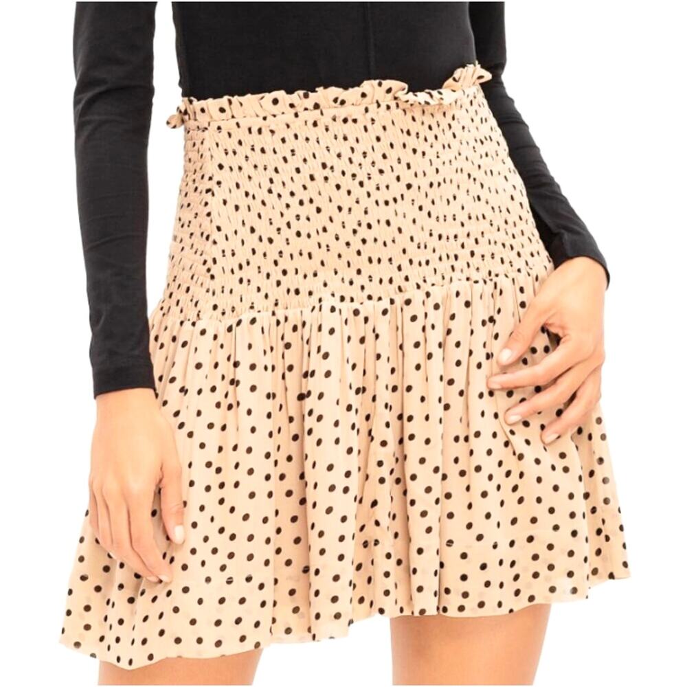 GANNI Elm Shirred Polka Dot Georgette Mini Skirt High Waist Smocked Ruffle